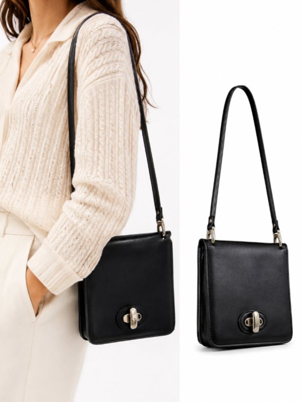 Italian Leather Black Square Shoulder Bag Silver Turnlock